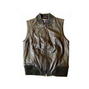 Black Leather Vest, Zip Front, Knitted Collar and Waist. Made by Rock & Republic